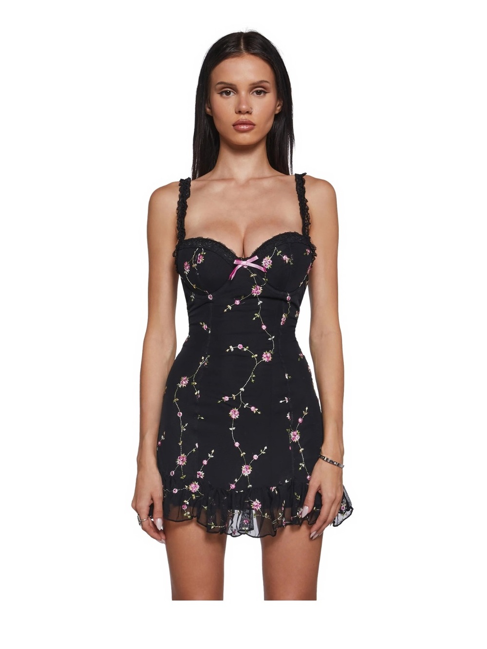 NWT Sugar Thrillz Black Floral Embroidered Mini Dress with Ruffled Hem Size M
